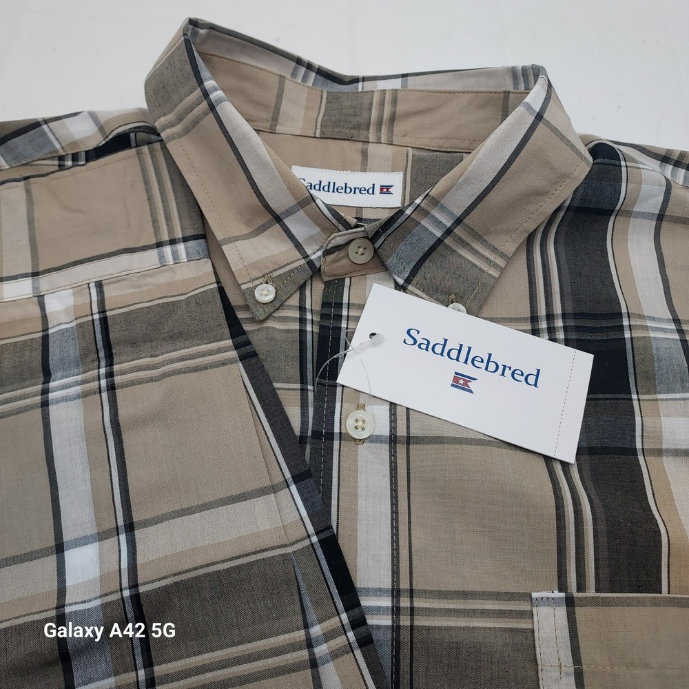 Saddlebred Mens Classic Fit Plaid Button‎ Down Shirt XL Beige Black White